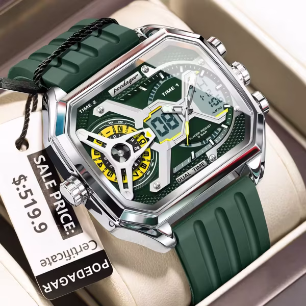 A front-view of the POEDAGAR E106 men's watch, featuring a green dual display dial and a matching green silicone strap.