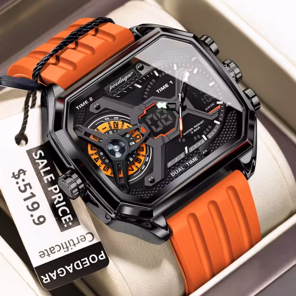A POEDAGAR E106 dual display men's watch with a black case and a vibrant orange silicone strap, shown at an angle.