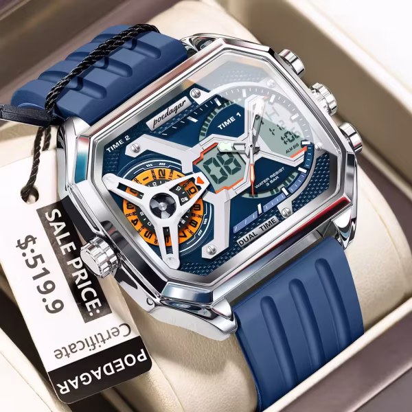A close-up of the POEDAGAR E106 dual display men's watch, showing its blue silicone strap and silver-tone case on a stand.
