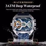 Front view of the POEDAGAR E106 men's watch with a blue dual display face and blue silicone strap, showing its waterproof feature.