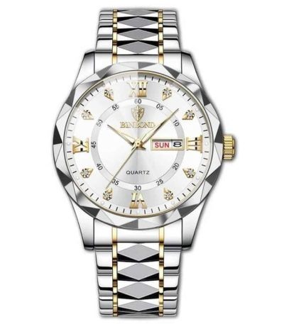 A front view of the BINBOND 2521 men's luxury watch, featuring a two-tone silver and gold steel band and a white dial.