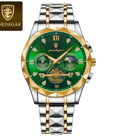 A POEDAGAR 996 luxury watch for men, featuring a striking green dial with gold accents and a two-tone silver and gold bracelet.