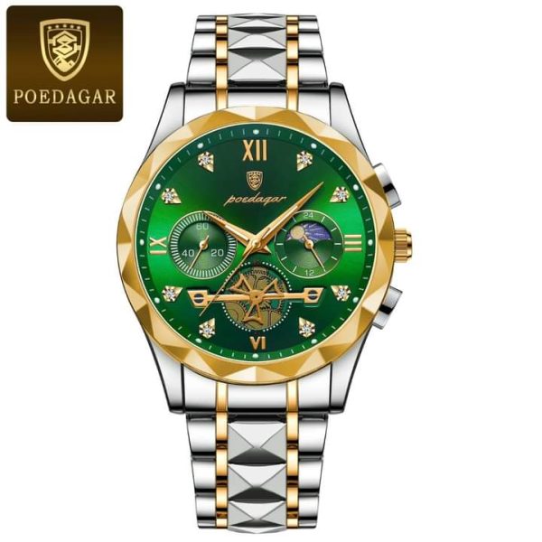 A POEDAGAR 996 luxury watch for men, featuring a striking green dial with gold accents and a two-tone silver and gold bracelet.