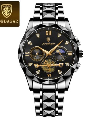 Front view of the POEDAGAR 996 luxury watch, featuring a black and gold dial with a silver-tone geometric metal bracelet.