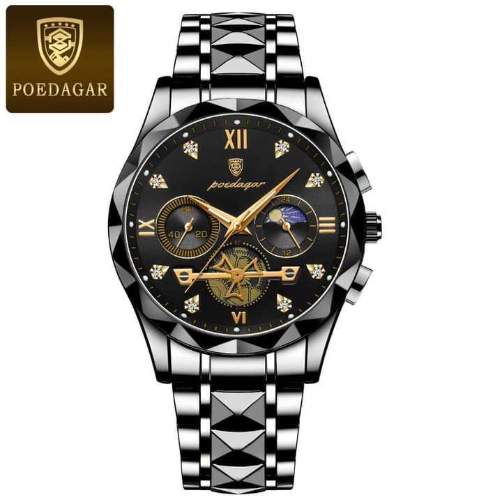 Front view of the POEDAGAR 996 luxury watch, featuring a black and gold dial with a silver-tone geometric metal bracelet.