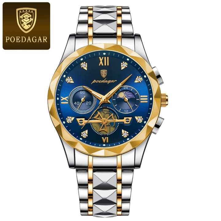 Front view of the POEDAGAR 996 Luxury Watch for Man, featuring a two-tone gold and silver band and a detailed blue dial.