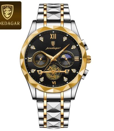 Front view of the POEDAGAR 996 luxury men's watch, featuring a black dial with gold accents and a two-tone silver and gold bracelet.