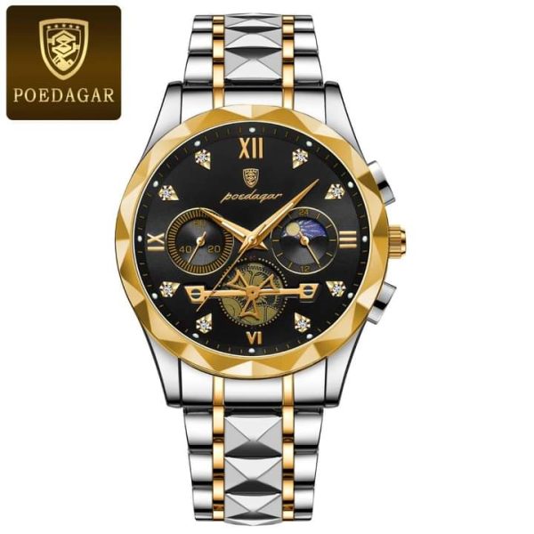 Front view of the POEDAGAR 996 luxury men's watch, featuring a black dial with gold accents and a two-tone silver and gold bracelet.