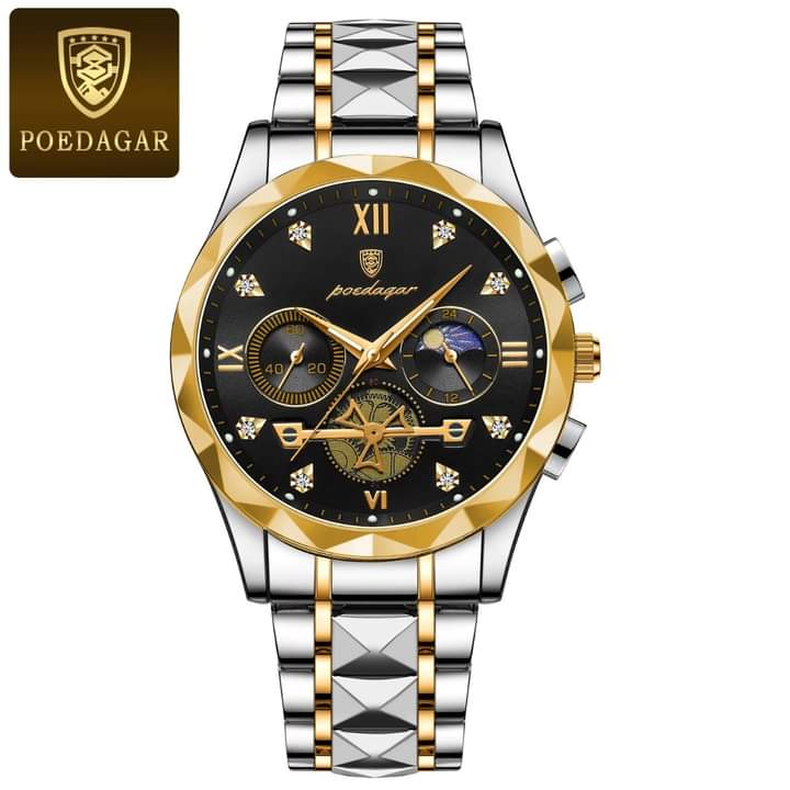 Front view of the POEDAGAR 996 luxury men's watch, featuring a black dial with gold accents and a two-tone silver and gold bracelet.