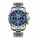 A BINBOND 7741 waterproof watch with a silver metal bracelet and an intricate blue dial featuring a celestial star pattern.