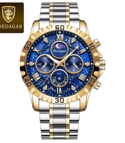 Front view of the POEDAGAR 973 luxury sports watch for men, featuring a two-tone silver and gold bracelet and a blue starry dial.