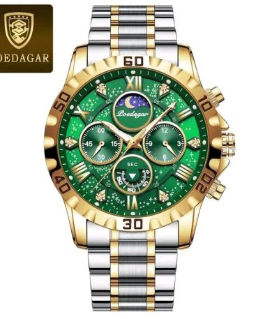 Front view of the POEDAGAR 973 luxury men's watch, featuring a green dial with gold accents and a silver and gold two-tone band.