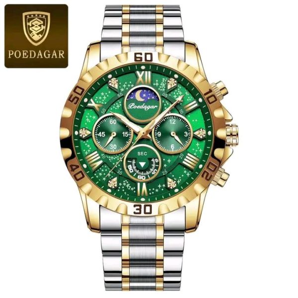 Front view of the POEDAGAR 973 luxury men's watch, featuring a green dial with gold accents and a silver and gold two-tone band.
