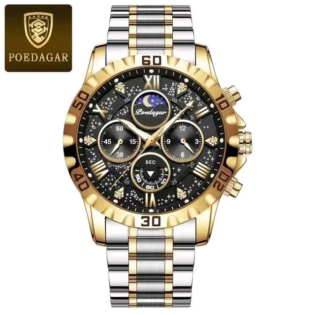 A POEDAGAR 973 luxury sports watch for men, featuring a two-tone silver and gold band and a detailed black chronograph dial.