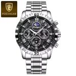 POEDAGAR 973 luxury sports watch for men, featuring a silver stainless steel band and a detailed black chronograph dial.