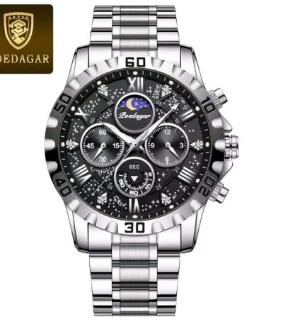 POEDAGAR 973 luxury sports watch for men, featuring a silver stainless steel band and a detailed black chronograph dial.