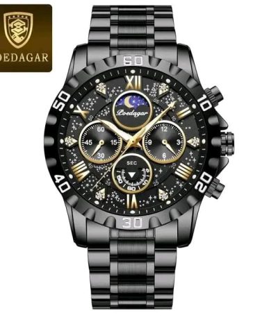 Front view of the POEDAGAR 973 luxury sports watch, featuring a black metal case and bracelet with a detailed black and gold dial.