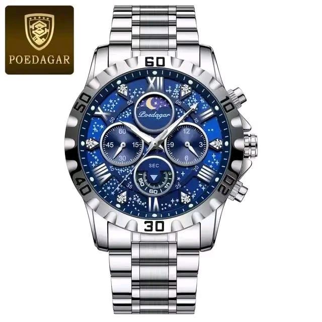 Front view of the POEDAGAR 973 luxury sports watch for men, featuring a silver stainless steel case and a detailed blue dial.