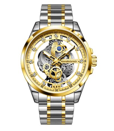 A BINBOND 505 men's luxury watch with a two-tone gold and silver bracelet and a visible skeleton mechanism on the dial.