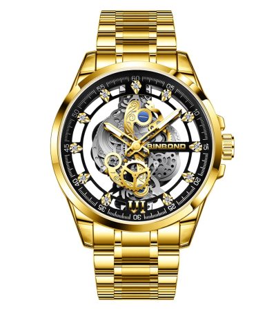 Front view of the BINBOND 505 Original Men’s Luxury Watch, featuring a gold-colored bracelet and an intricate skeleton dial.