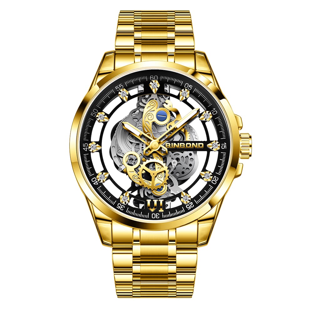 Front view of the BINBOND 505 Original Men’s Luxury Watch, featuring a gold-colored bracelet and an intricate skeleton dial.