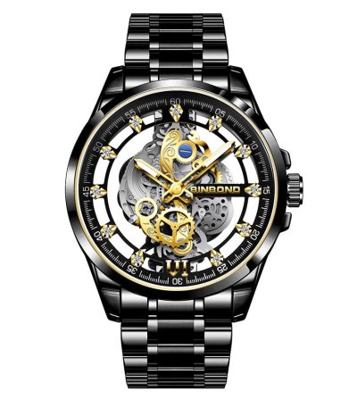 A BINBOND 505 Original Men’s Luxury Watch with a black metal band and a gold-tone skeleton dial with visible gears.