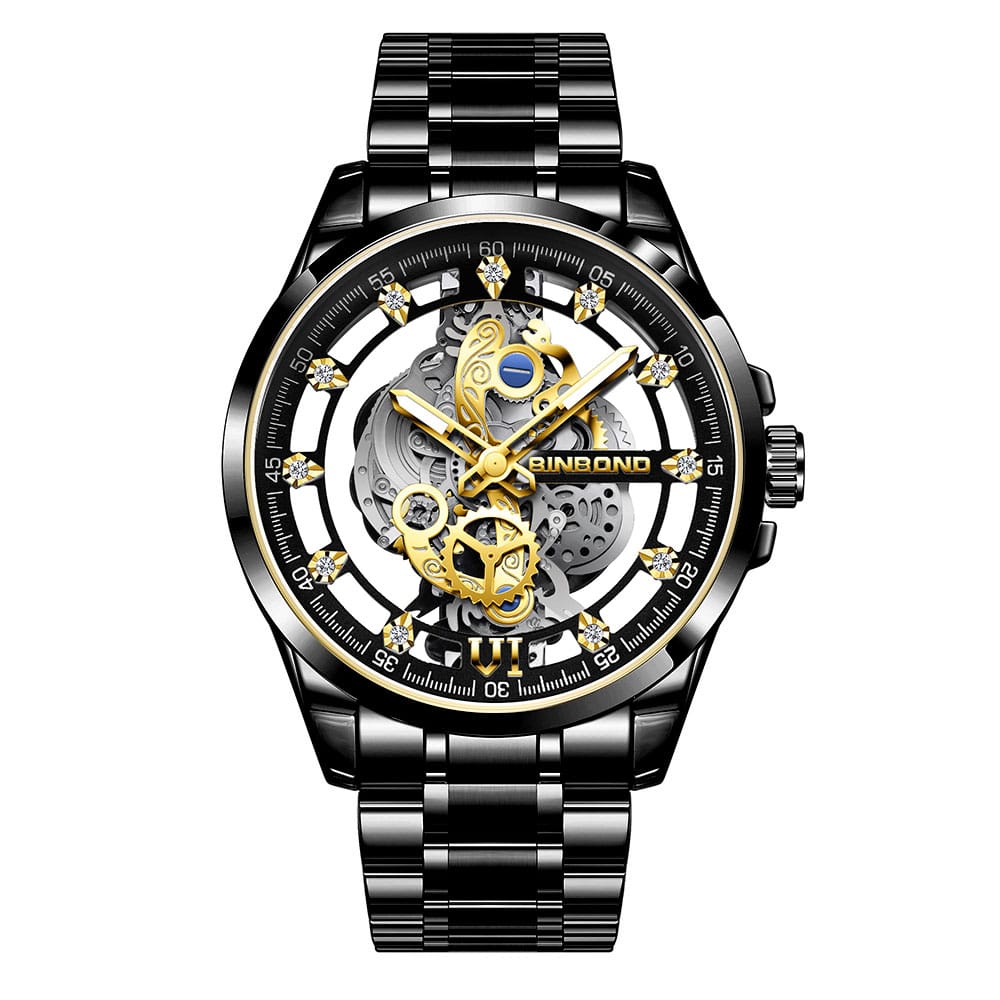 A BINBOND 505 Original Men’s Luxury Watch with a black metal band and a gold-tone skeleton dial with visible gears.
