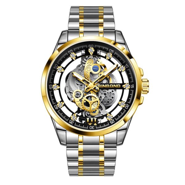 A BINBOND 505 men's luxury watch with a two-tone silver and gold metal bracelet and a visible skeleton dial mechanism.