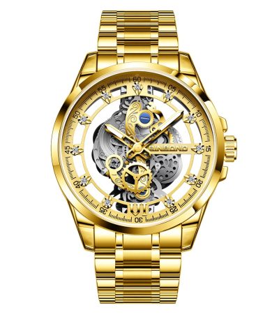 A gold-colored BINBOND 505 Original Men’s Luxury Watch with a skeleton dial showing the internal gears and a link bracelet.