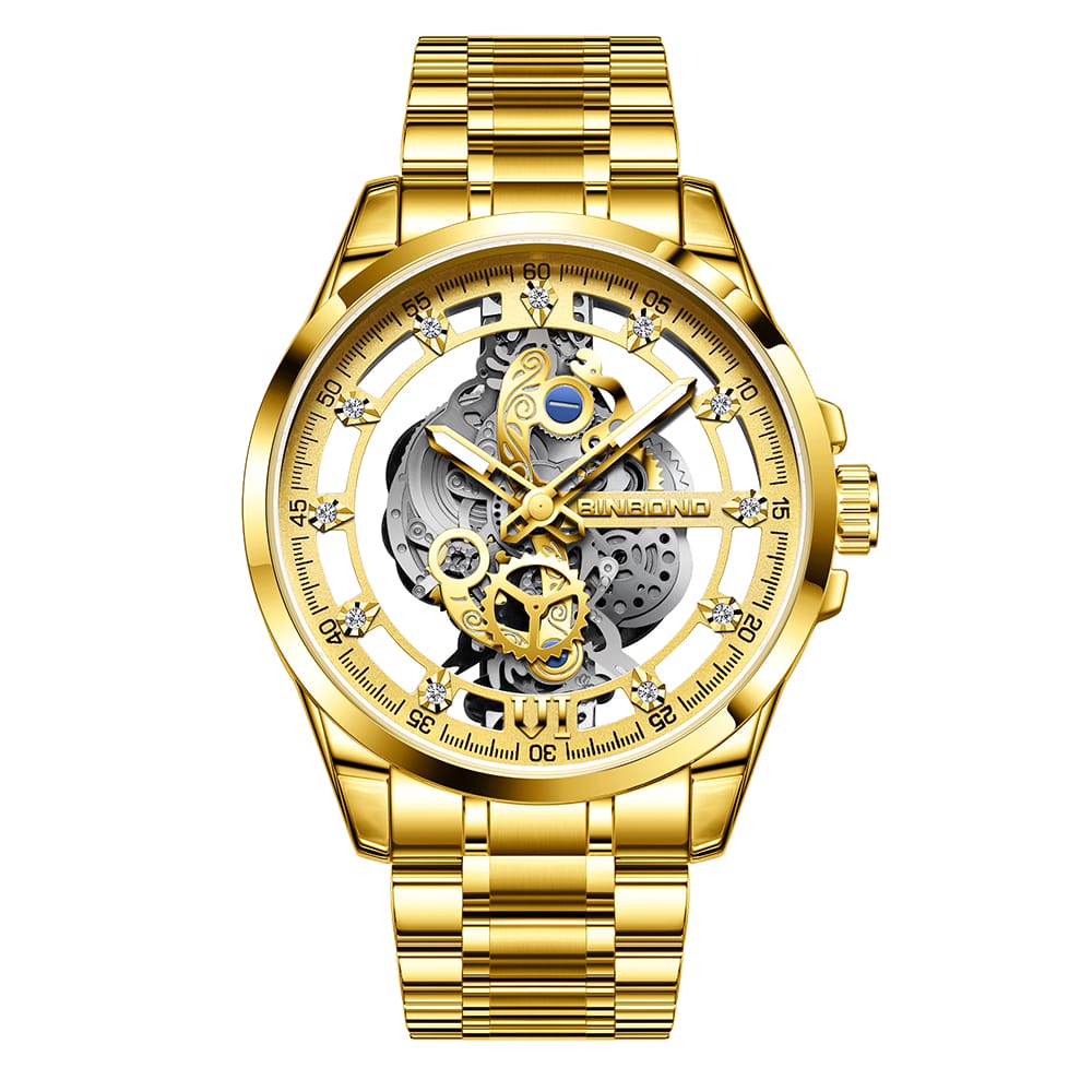 A gold-colored BINBOND 505 Original Men’s Luxury Watch with a skeleton dial showing the internal gears and a link bracelet.