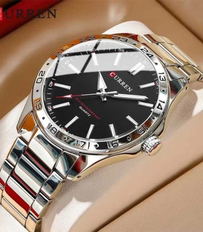 A Curren 8452 Original Quartz Watch for men, featuring a silver-colored stainless steel bracelet and a black dial.