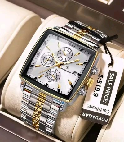 A POEDAGAR 866 luxury square wristwatch for men, featuring a white dial with gold accents and a two-tone silver and gold bracelet.