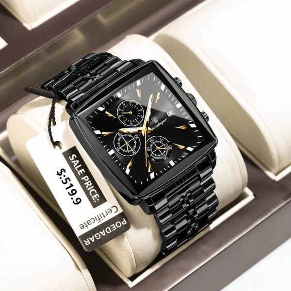 A close-up of the POEDAGAR 866 Luxury Square Business Man Wristwatch in black with a matching black metal band.