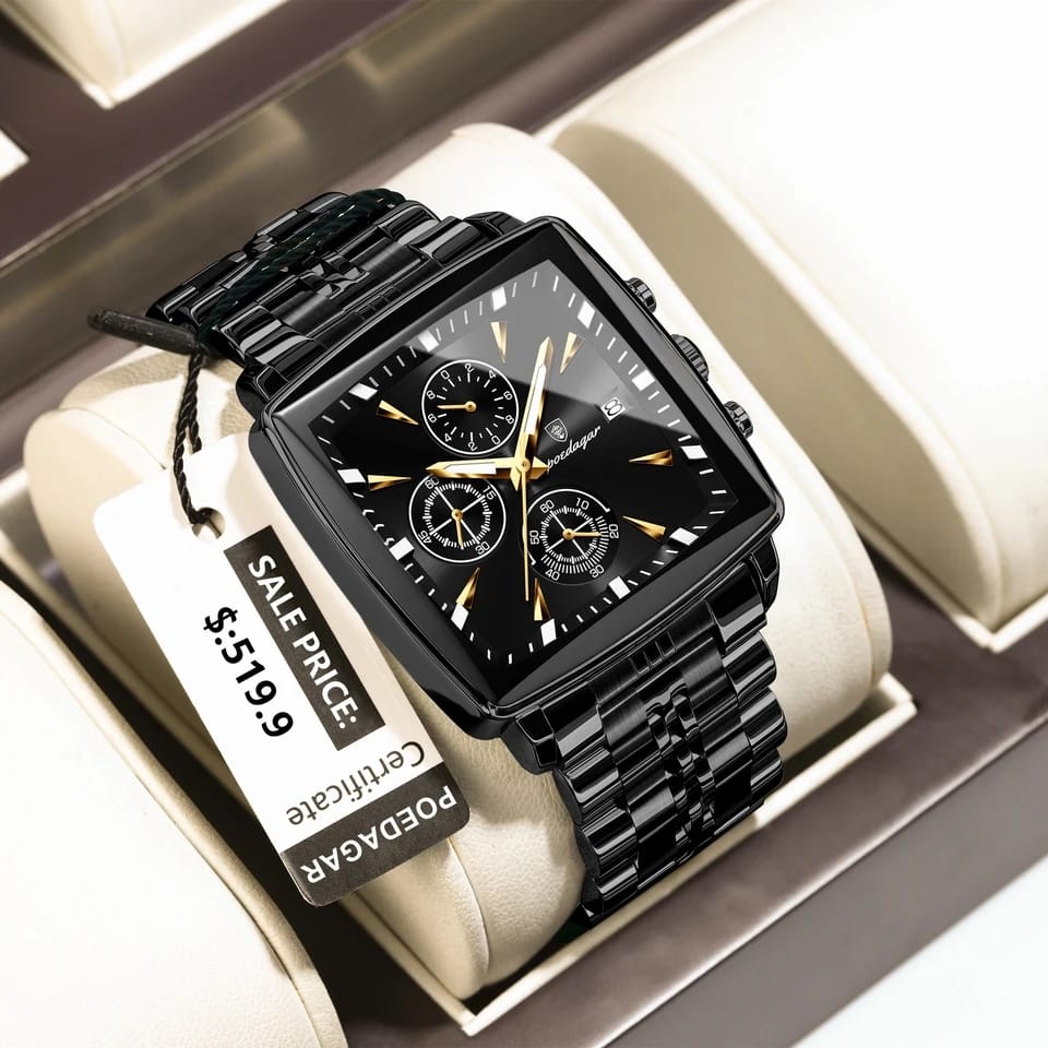 A close-up of the POEDAGAR 866 Luxury Square Business Man Wristwatch in black with a matching black metal band.