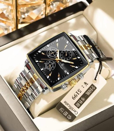 POEDAGAR 866 luxury square business wristwatch with a two-tone silver and gold metal band and a black dial, shown in its box.