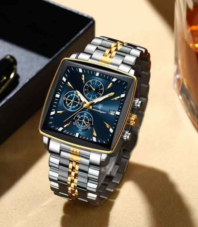 A POEDAGAR 866 luxury square business wristwatch with a blue dial and a two-tone silver and gold steel bracelet.