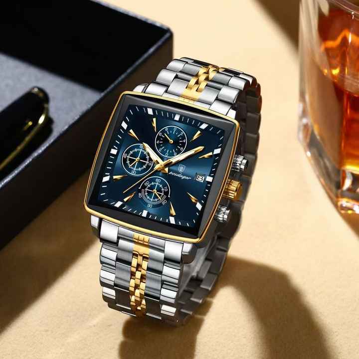 A POEDAGAR 866 luxury square business wristwatch with a blue dial and a two-tone silver and gold steel bracelet.