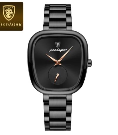 Front view of the POEDAGAR 783 female watch, featuring a black rounded square dial with rose-gold hands on a black link strap.
