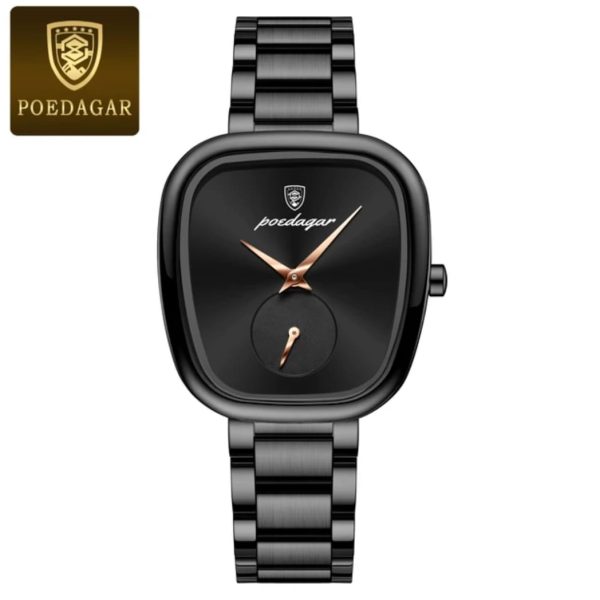 Front view of the POEDAGAR 783 female watch, featuring a black rounded square dial with rose-gold hands on a black link strap.