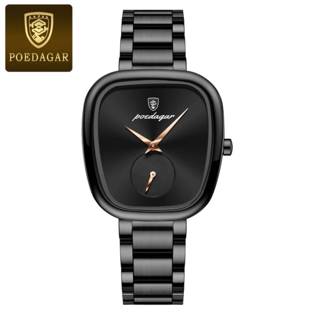 Front view of the POEDAGAR 783 female watch, featuring a black rounded square dial with rose-gold hands on a black link strap.