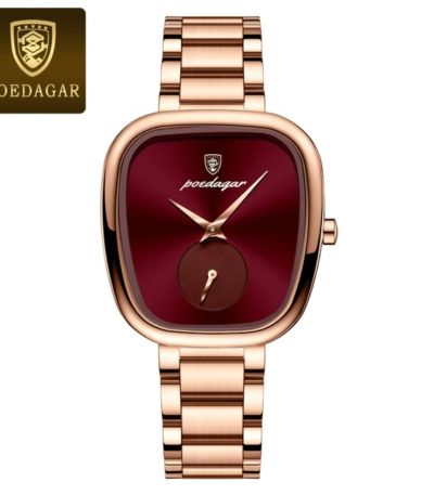 A POEDAGAR 783 female watch with a rose gold case, a deep red square dial, and a matching rose gold link bracelet.