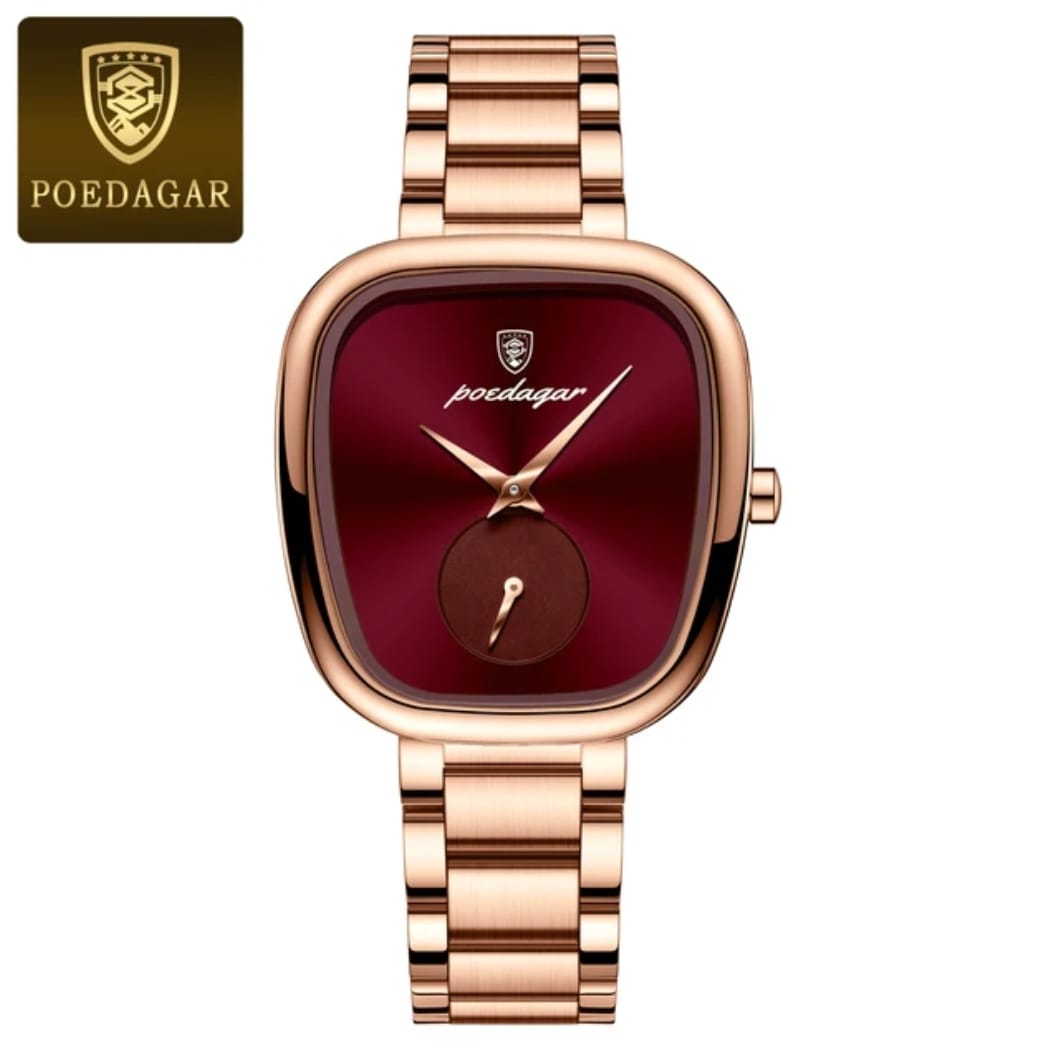 A POEDAGAR 783 female watch with a rose gold case, a deep red square dial, and a matching rose gold link bracelet.