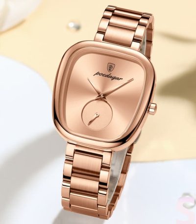 A close-up of the POEDAGAR 783 female watch in luxury rose gold, featuring a square face and a matching link bracelet.