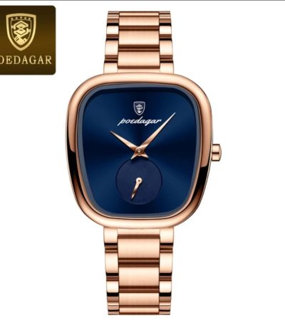 A POEDAGAR 783 female watch with a rose gold case and bracelet, featuring a deep blue square dial and rose gold hands.
