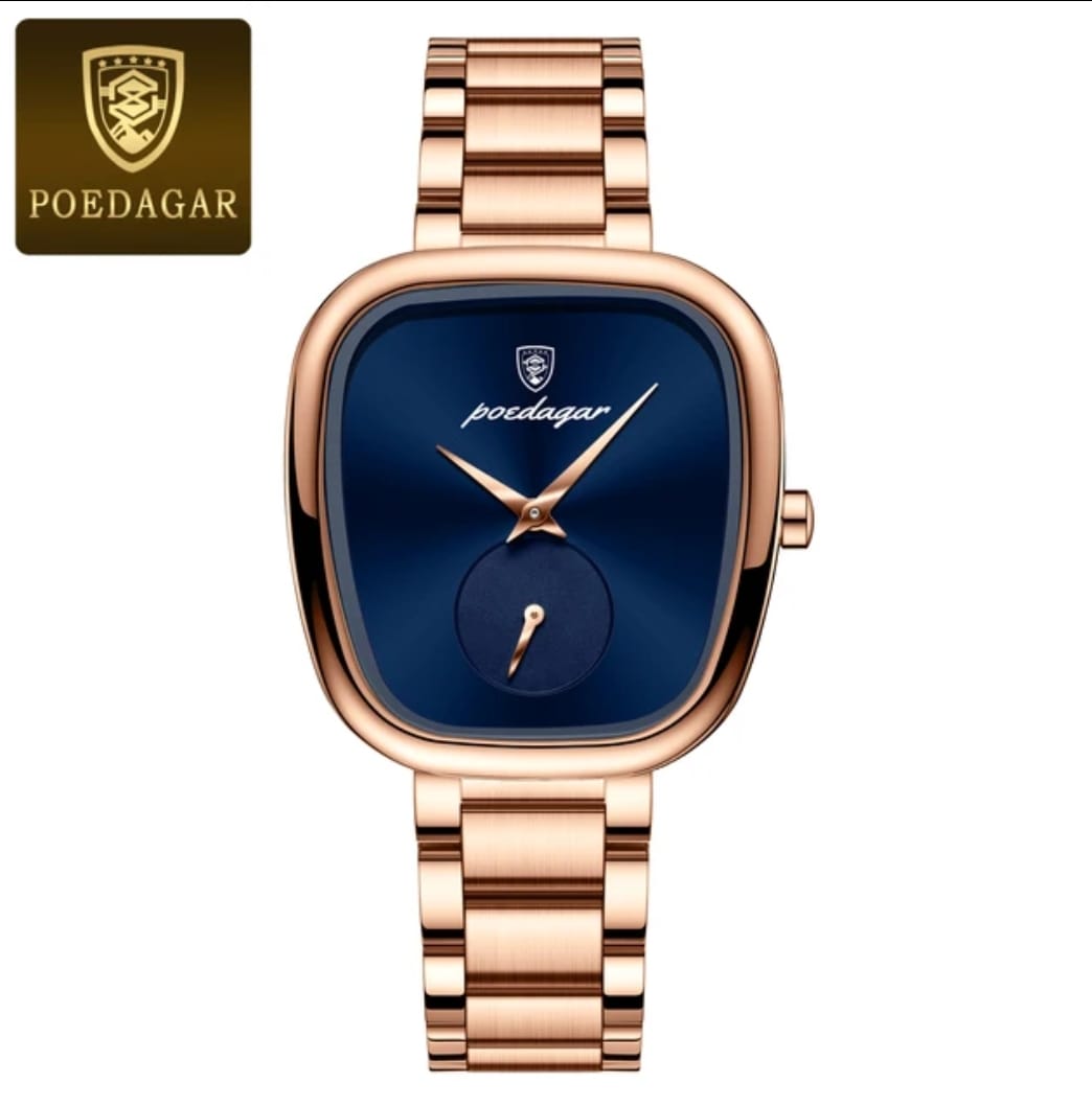 A POEDAGAR 783 female watch with a rose gold case and bracelet, featuring a deep blue square dial and rose gold hands.