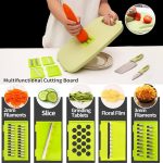 A person uses a light green multi functional slitting planer to grate a carrot, with various attachments and results displayed.