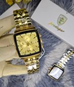 A gloved hand holding a POEDAGAR 866 luxury square wristwatch with a golden case, golden dial, and a matching link bracelet.