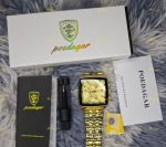 The POEDAGAR 866 luxury square wristwatch in gold, displayed with its box, instruction manual, and warranty card.