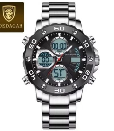 POEDAGAR E102 dual time display digital watch with a silver stainless steel band and a black face, shown from the front.