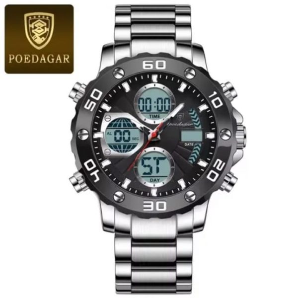 POEDAGAR E102 dual time display digital watch with a silver stainless steel band and a black face, shown from the front.